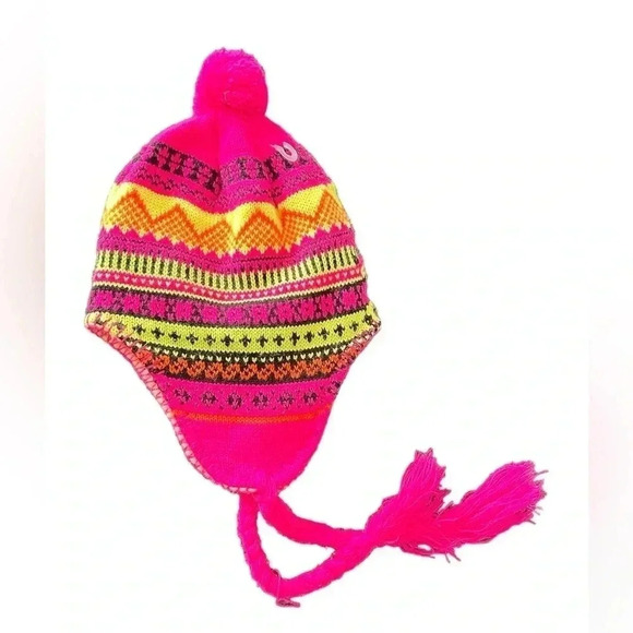 NWOT Full Coverage Beanie Flourescent Pink,Orange,Yellow and Black with Pom Pon - Picture 4 of 5